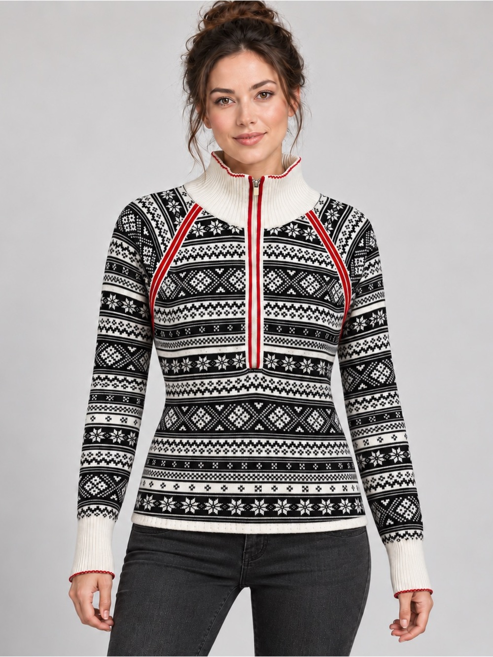 Eddie Bauer Nordic Fair Isle Quarter Zip Sweater Women’s L Black White Red